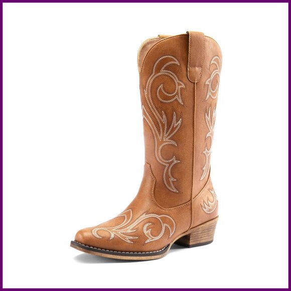 Women's Cowboy Boots Mid Calf Square Toe Chunky Heel Embroidery Western
